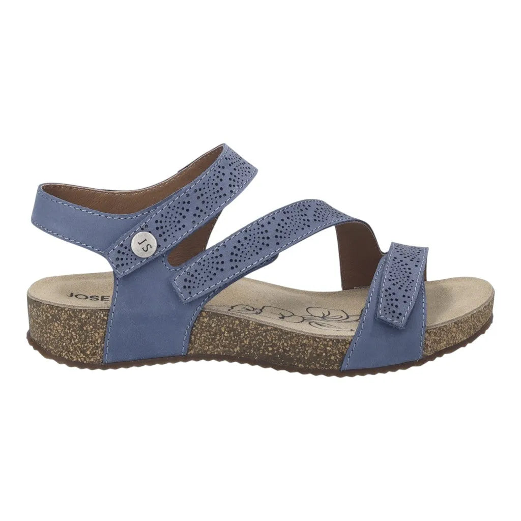 Josef Seibel Tonga 78 ladies indigo leather touch fastening sandal with perforated straps and cork-style sole.