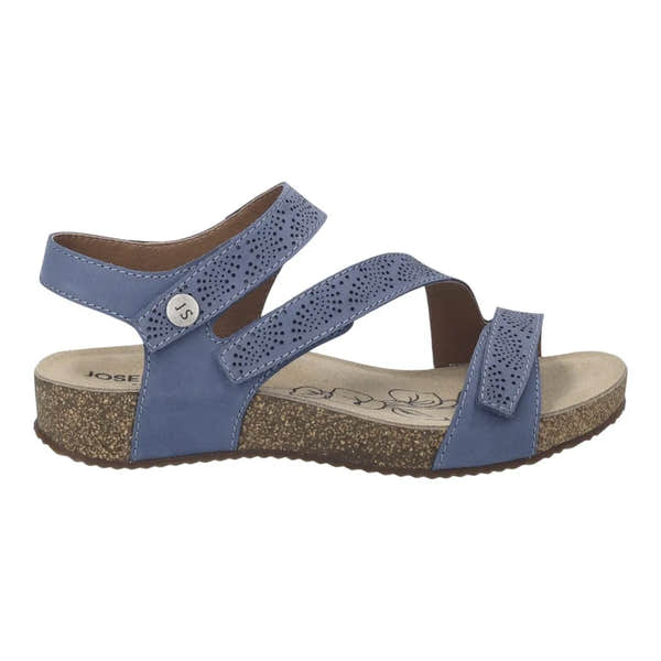 Josef Seibel Tonga 78 ladies indigo leather touch fastening sandal with perforated straps and cork-style sole.