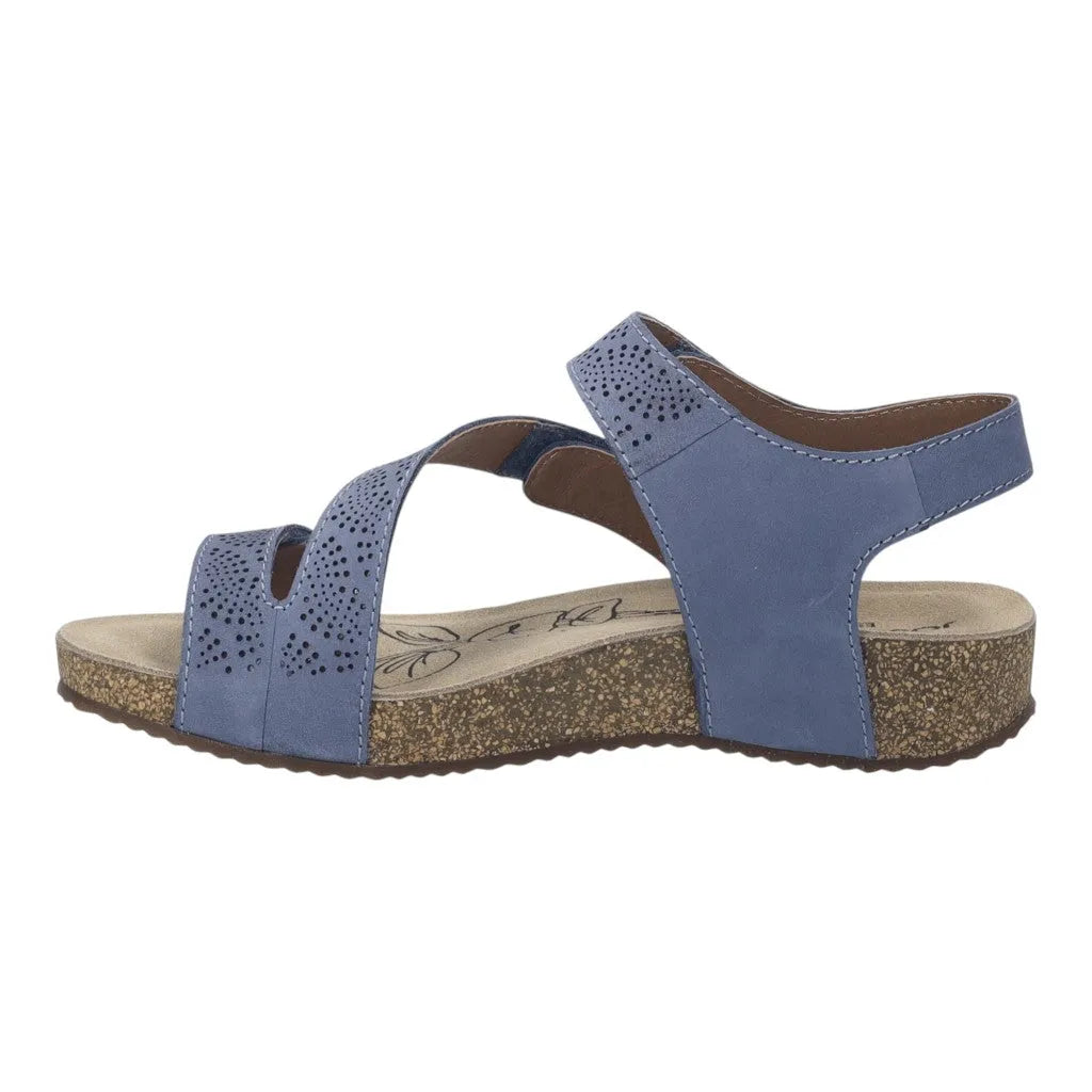 Josef Seibel Tonga 78 ladies blue leather sandals with touch fastening, cushioned insole, and cork-textured sole.