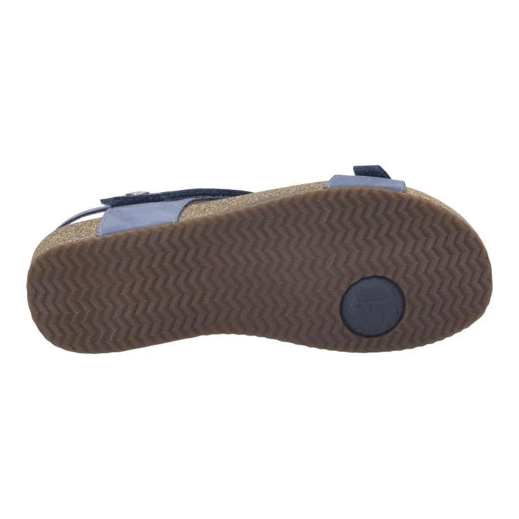 Josef Seibel Tonga 78 ladies indigo leather touch fastening sandals with a brown non-slip sole and velcro straps.