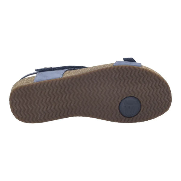 Josef Seibel Tonga 78 ladies indigo leather touch fastening sandals with a brown non-slip sole and velcro straps.