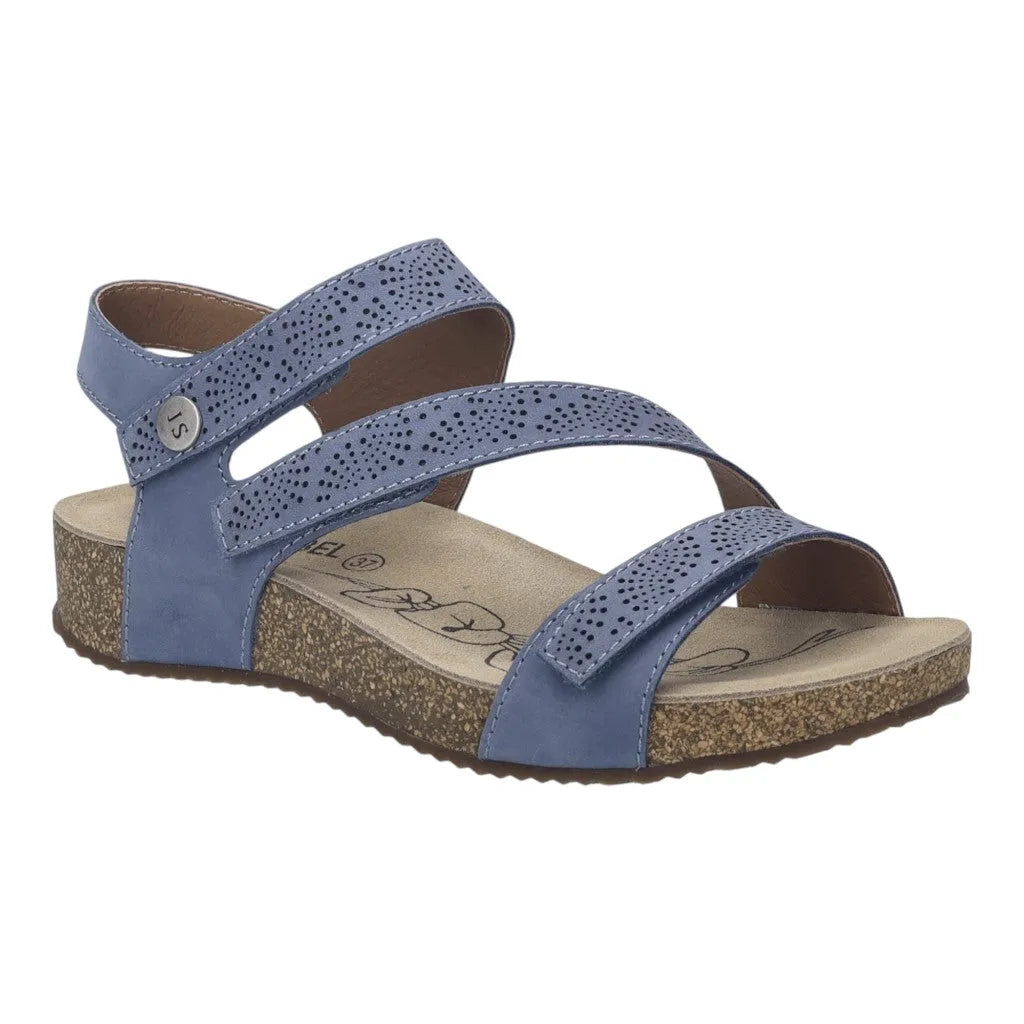 Josef Seibel Tonga 78 ladies' indigo leather sandals with touch fastening straps, perforated design, cork sole, and cushioned footbed.