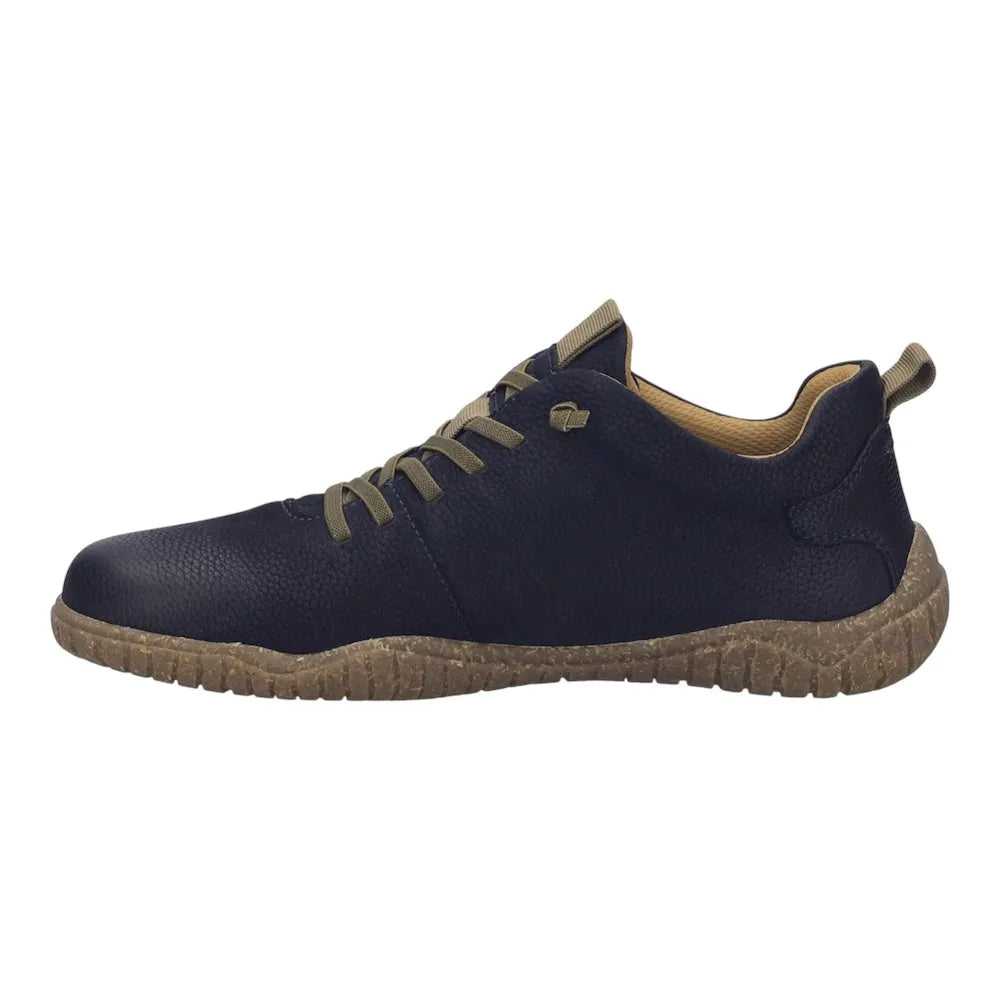 Josef Seibel Wallace 04 men's navy leather casual lace-up shoes with beige accents and textured sole.