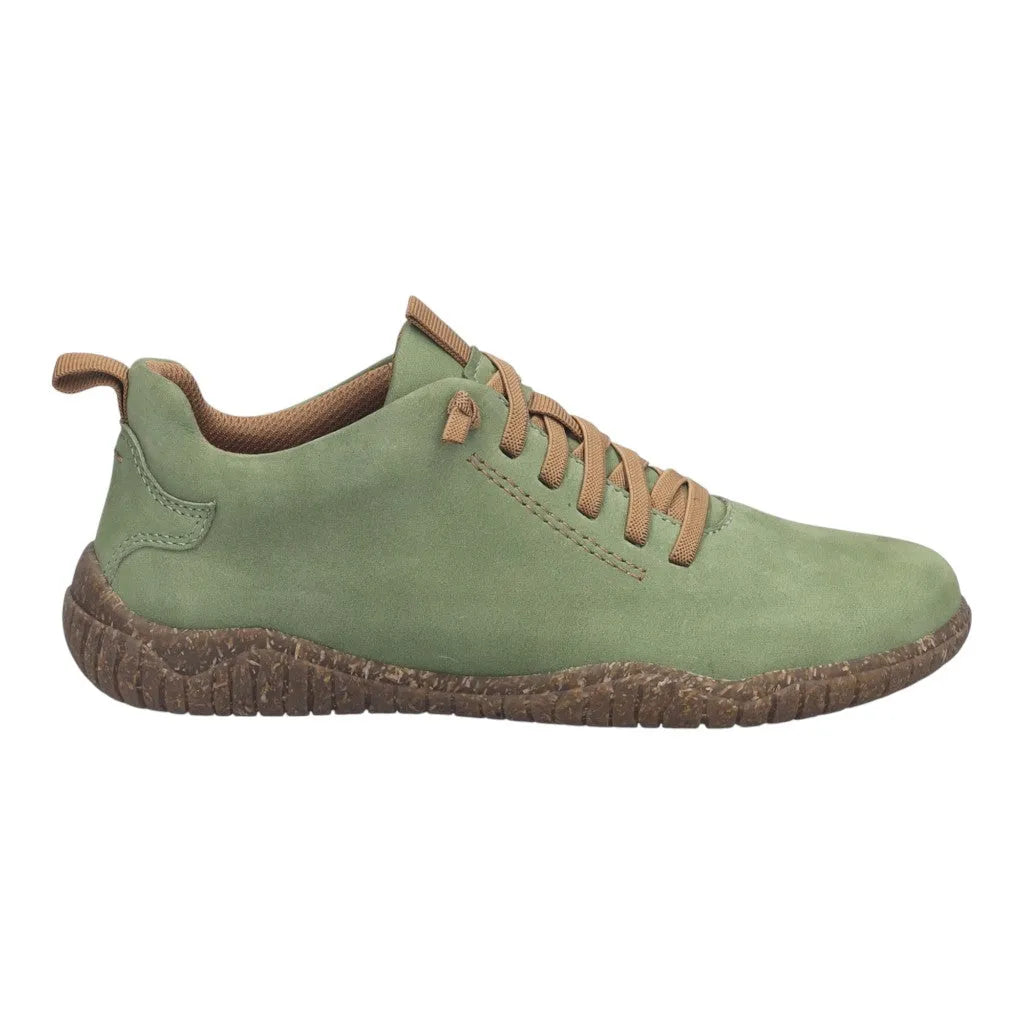 Josef Seibel Wynona 06 ladies green leather lace-up shoes with brown trim and rugged sole.