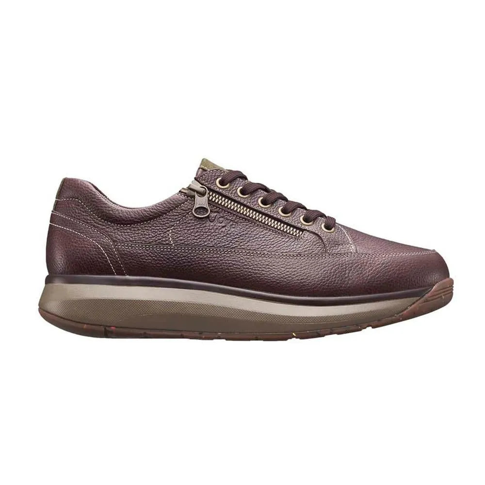 Men's dark brown leather arch support shoe with zipper and lace-up closure, cushioned sole, and textured finish.