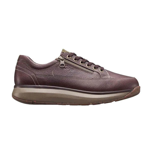 Men's dark brown leather arch support shoe with zipper and lace-up closure, cushioned sole, and textured finish.