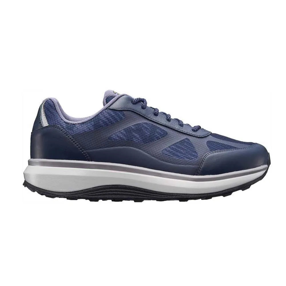 Men's blue leather and textile lace-up trainers with arch support, wide fit, and sporty style.