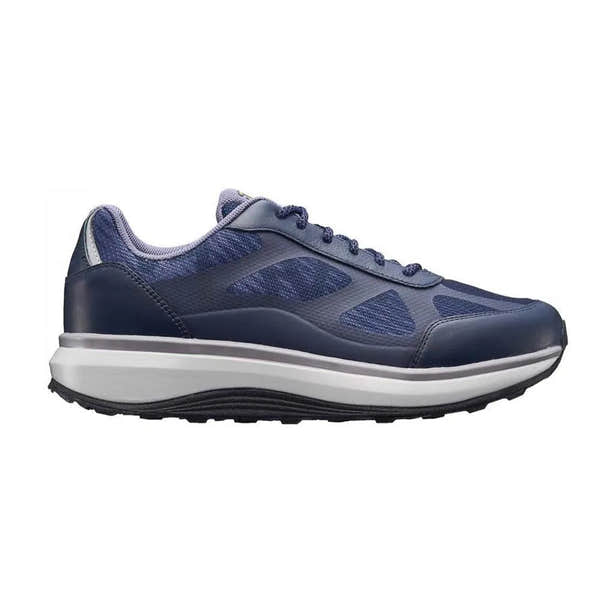 Men's blue leather and textile lace-up trainers with arch support, wide fit, and sporty style.