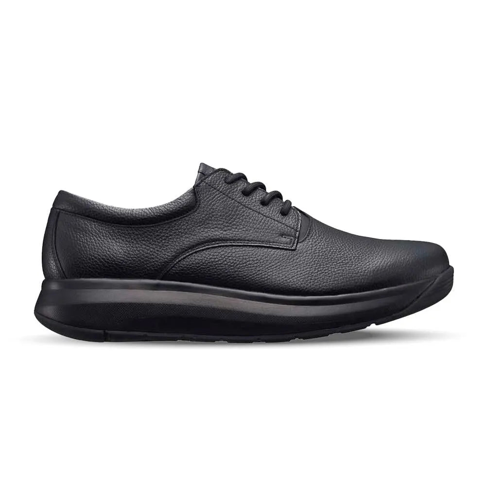 Black leather men's lace-up shoes with wide fit, arch support, and a chunky sole.