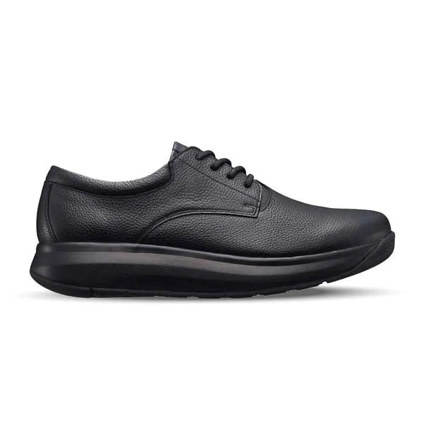 Black leather men's lace-up shoes with wide fit, arch support, and a chunky sole.