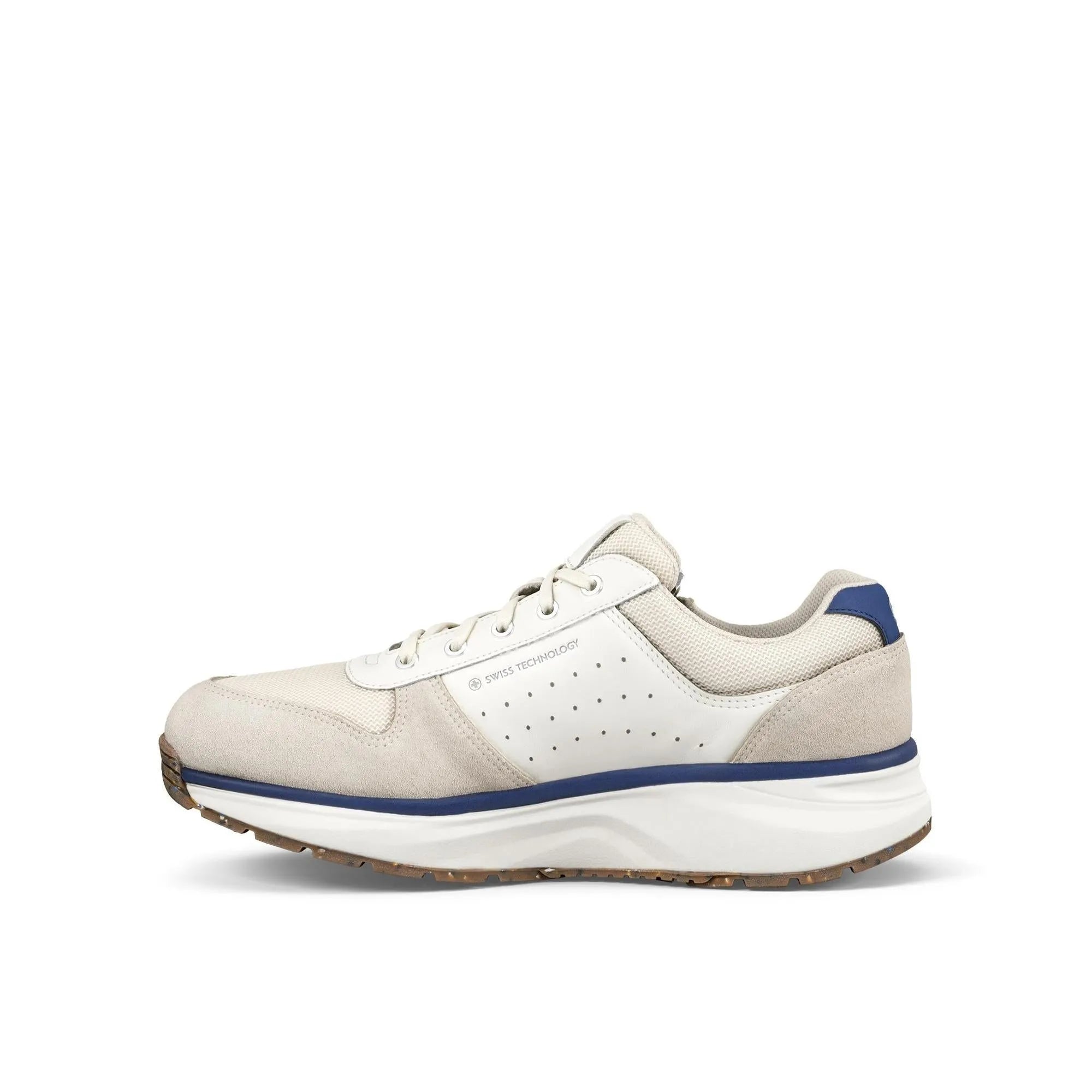 White leather and textile ladies' arch support trainers with zip and lace, beige accents, and a blue heel detail.