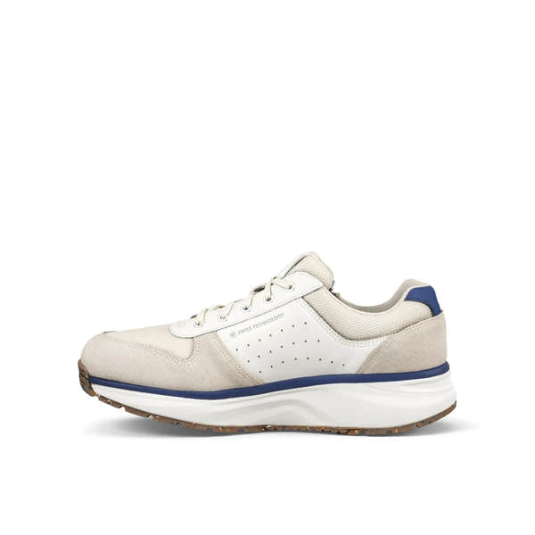 White leather and textile ladies' arch support trainers with zip and lace, beige accents, and a blue heel detail.