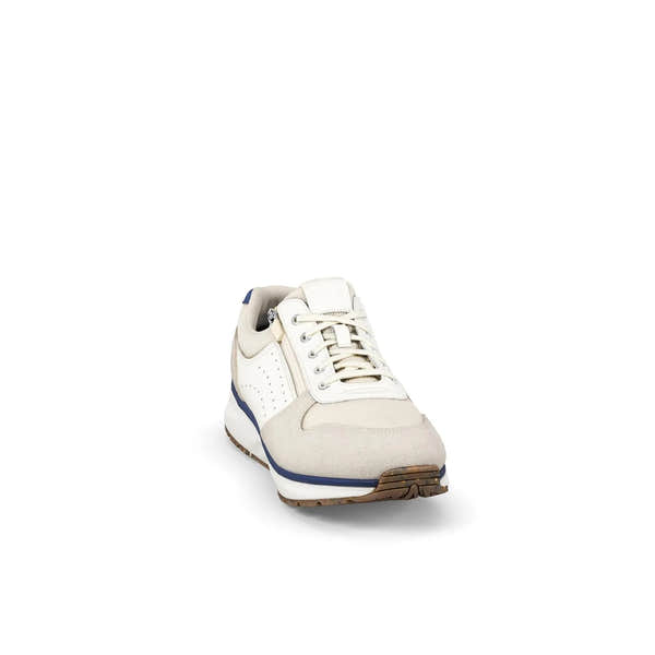 White leather and textile ladies' trainer with arch support, zip and lace fastening, with beige and navy accents.