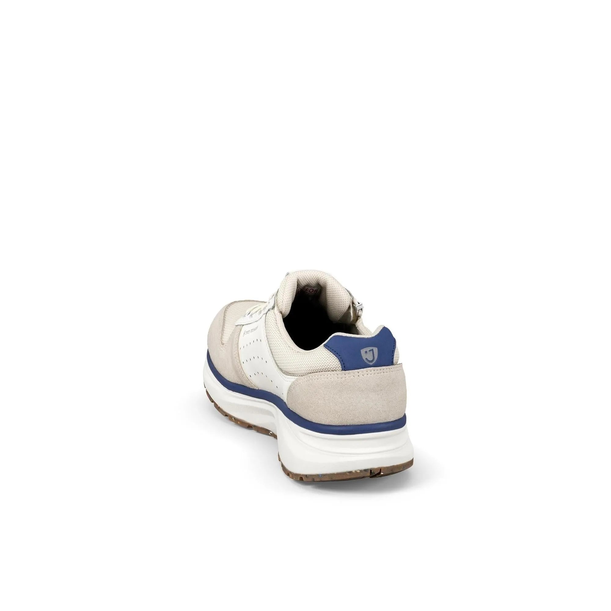White and beige leather and textile trainer with blue accents, zip and lace fastening, arch support, and chunky sole.