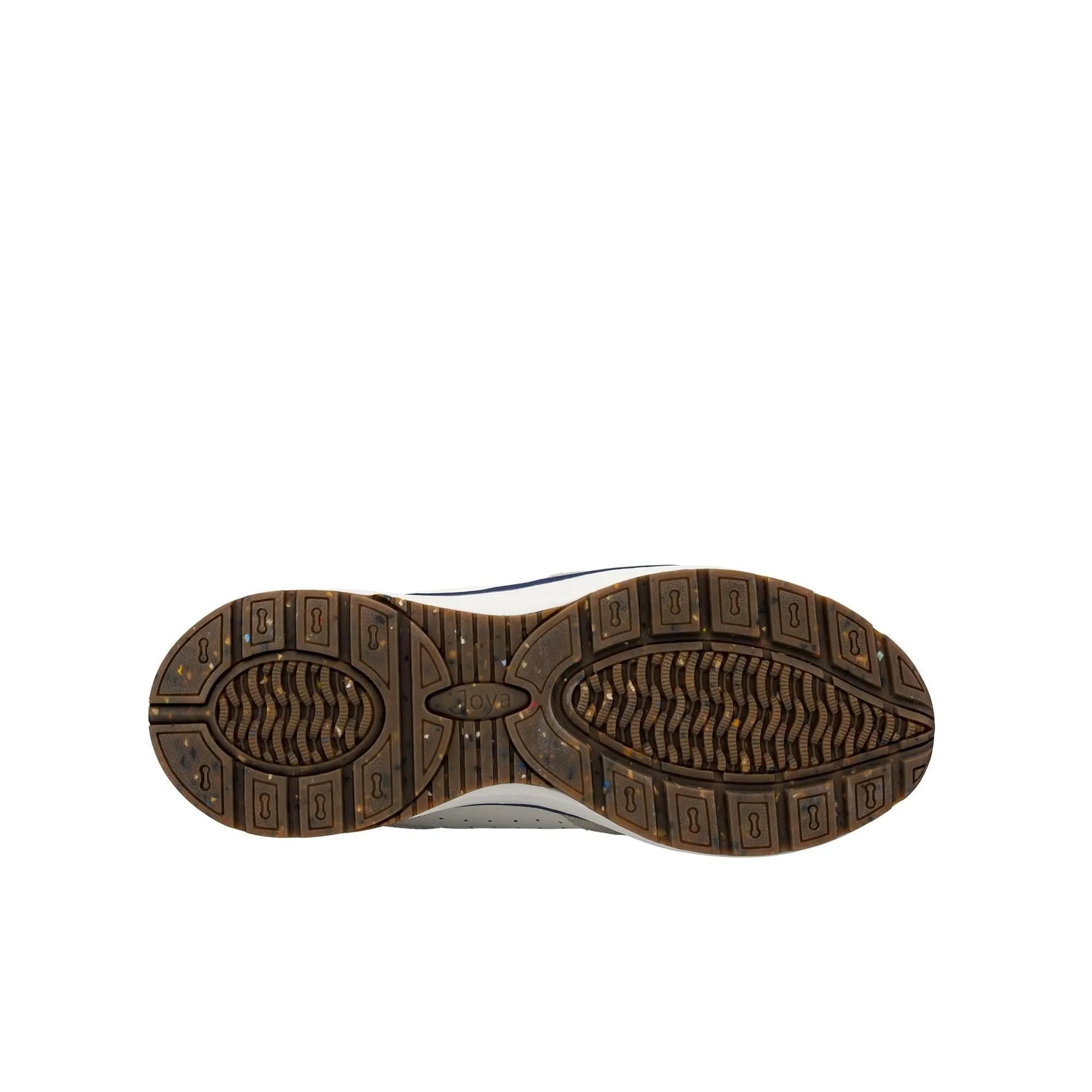 White leather and textile women's trainers with arch support, zip, and lace-up front, featuring a brown rubber sole.