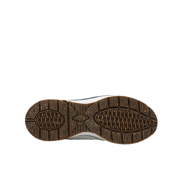 White leather and textile women's trainers with arch support, zip, and lace-up front, featuring a brown rubber sole.