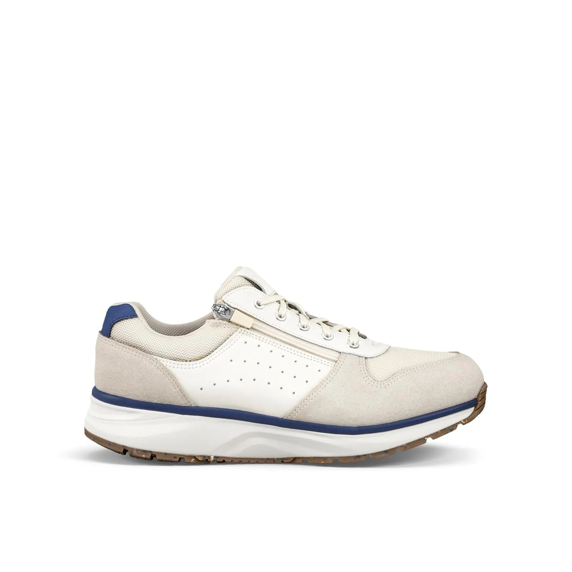 White leather and textile ladies' trainers with zip and lace-up detail, arch support, and a brown textured sole.