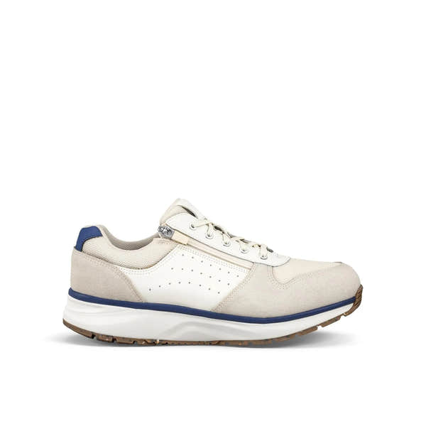 White leather and textile ladies' trainers with zip and lace-up detail, arch support, and a brown textured sole.