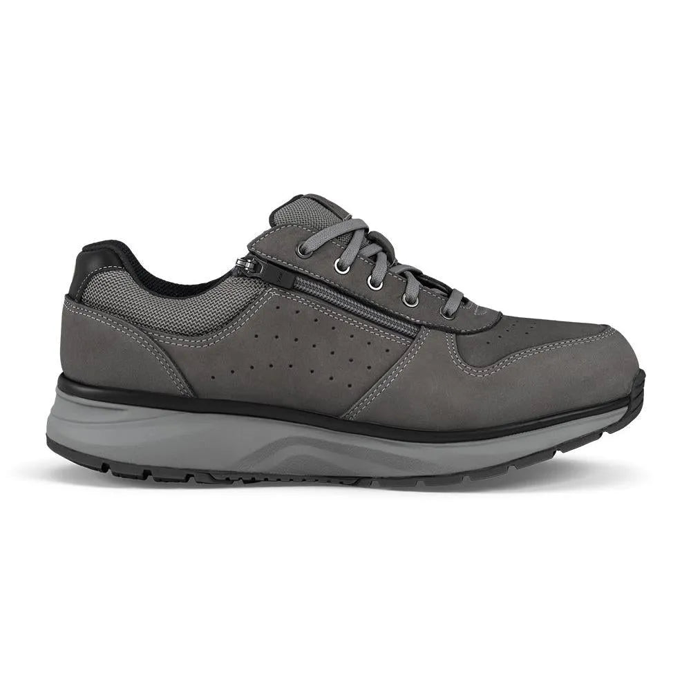 Men’s dark grey leather and textile trainer with zip and lace fastening, arch support, chunky sole.