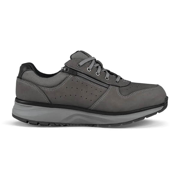 Men’s dark grey leather and textile trainer with zip and lace fastening, arch support, chunky sole.