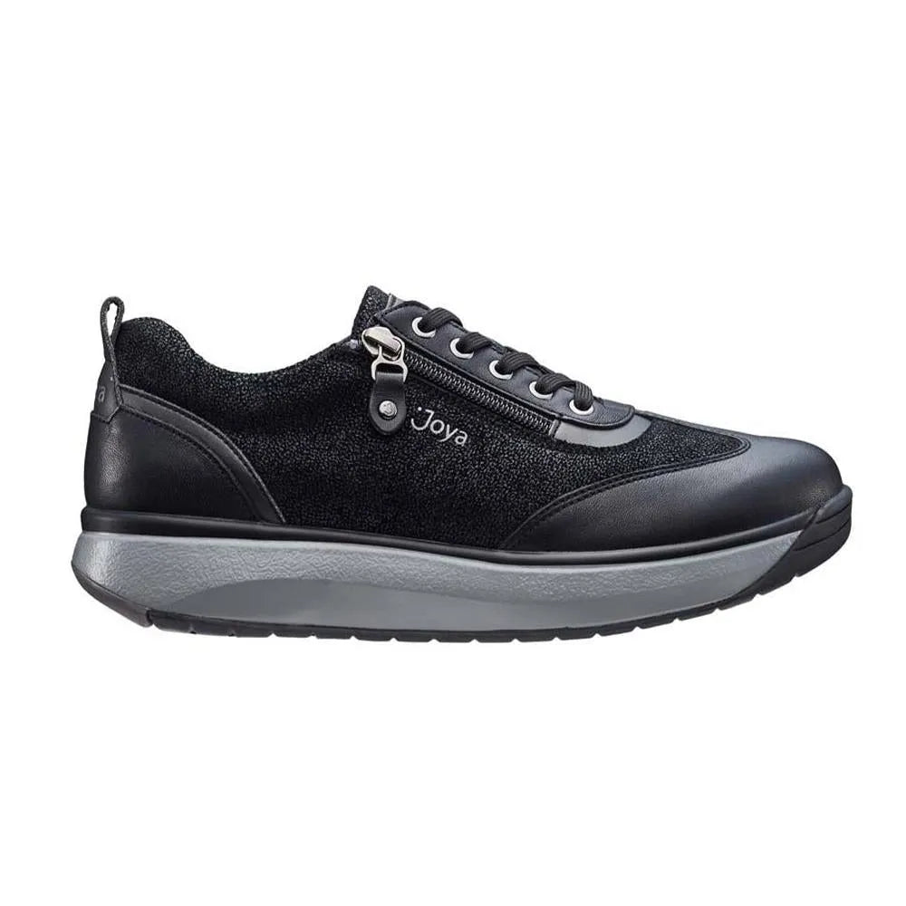 Joya Laura Black II women's wide black leather shoes with side zip, arch support, lace-up and textured material.
