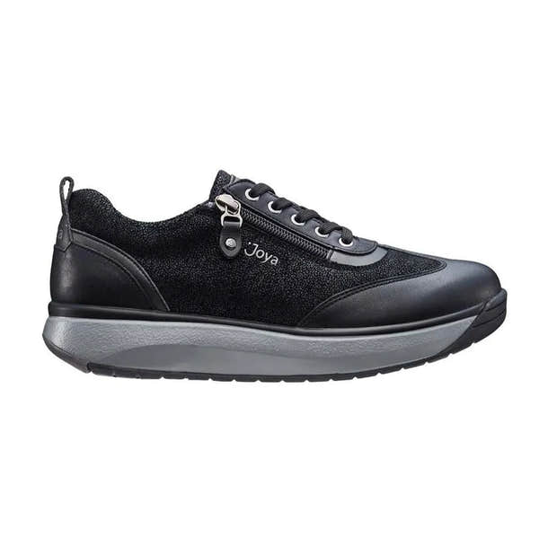 Joya Laura Black II women's wide black leather shoes with side zip, arch support, lace-up and textured material.