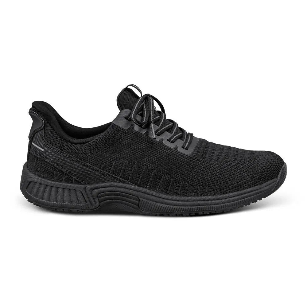 Black textile trainer with elasticated laces, cushioned sole, and supportive arch in a sleek, sporty style.