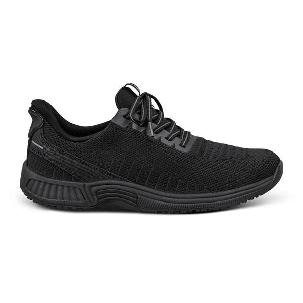 Black textile trainer with elasticated laces, cushioned sole, and supportive arch in a sleek, sporty style.