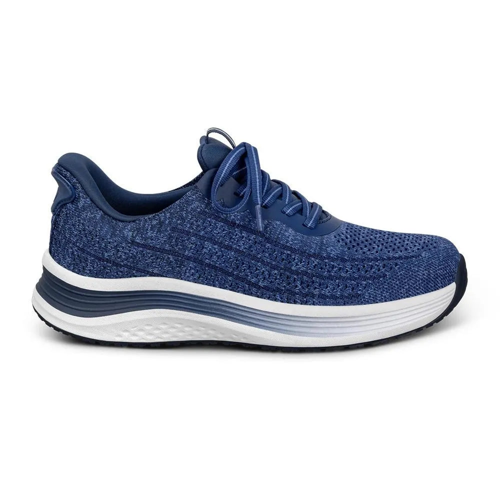 Blue textile athletic trainer with elastic laces, cushioned white and black sole, and supportive design.