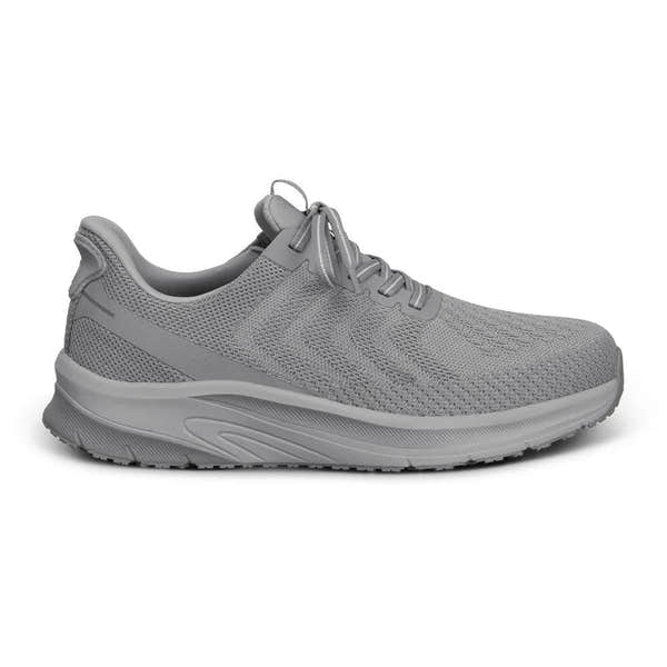 Gray textile men's trainer with supportive arch, elasticated laces, cushioned collar, and sleek sporty design.
