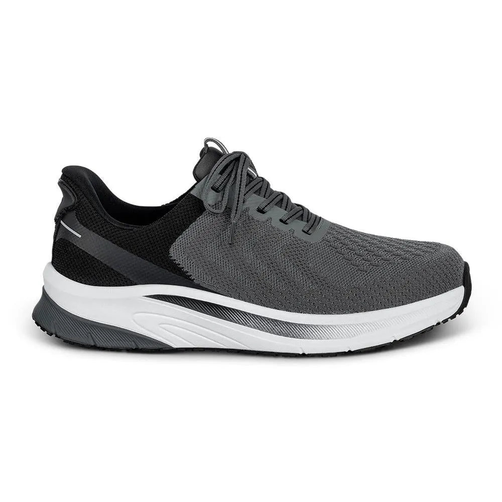 Grey textile men's trainers with elasticated laces, arch support, white midsole, and black outsole.