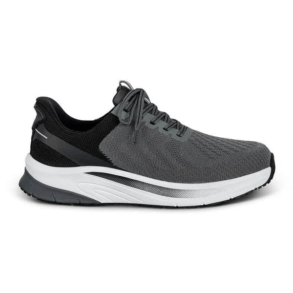 Grey textile men's trainers with elasticated laces, arch support, white midsole, and black outsole.