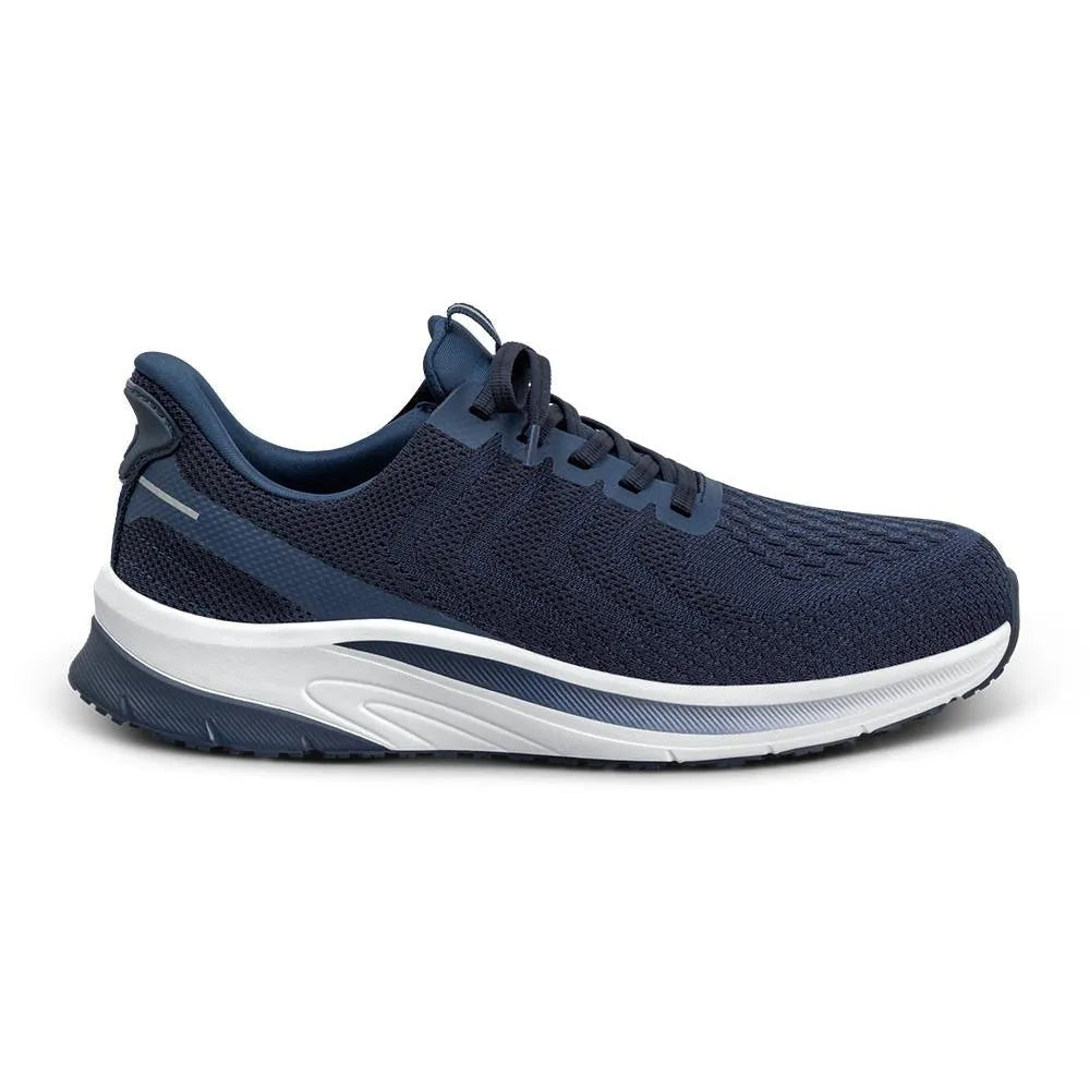Navy textile men's Trainer with elastic laces, supportive sole, and sleek athletic style.