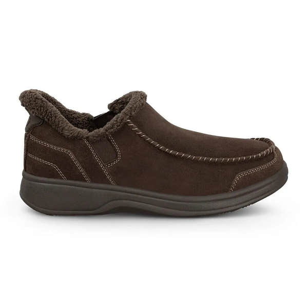 Joya OrthoFeet Vito men's slip-on shoes in chocolate suede with fur lining and supportive sole.