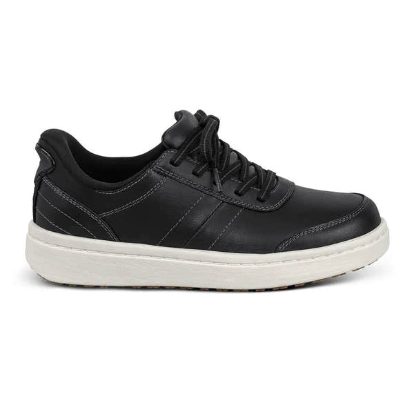 Black leather lace-up trainers with white sole, arch support, and stitching details for women.