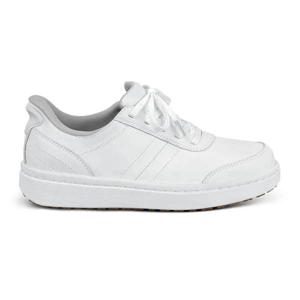 White leather lace-up trainers with arch support, cushioned interior, and textured rubber sole.