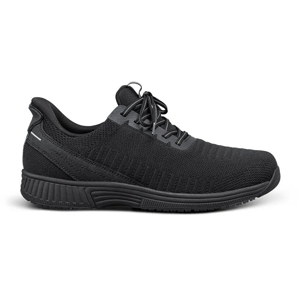 Black textile men's lace-up trainers with arch support, cushioned sole, and sporty design.