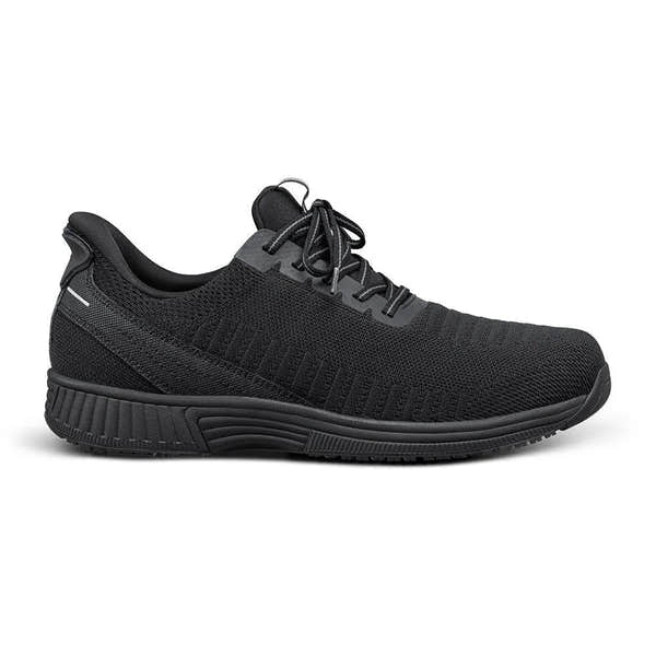 Black textile men's lace-up trainers with arch support, cushioned sole, and sporty design.