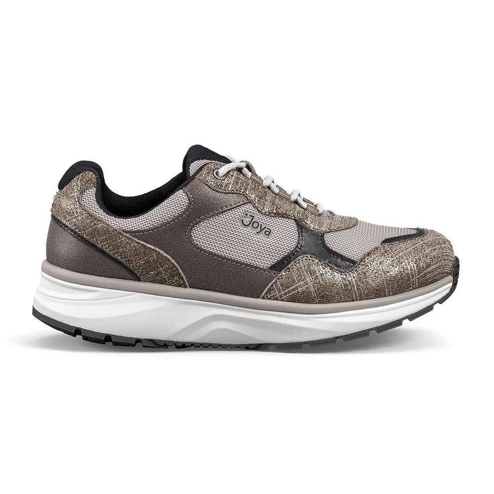 Joya Tina III ladies wide bronze leather and textile arch support trainers with zip and lace closure.