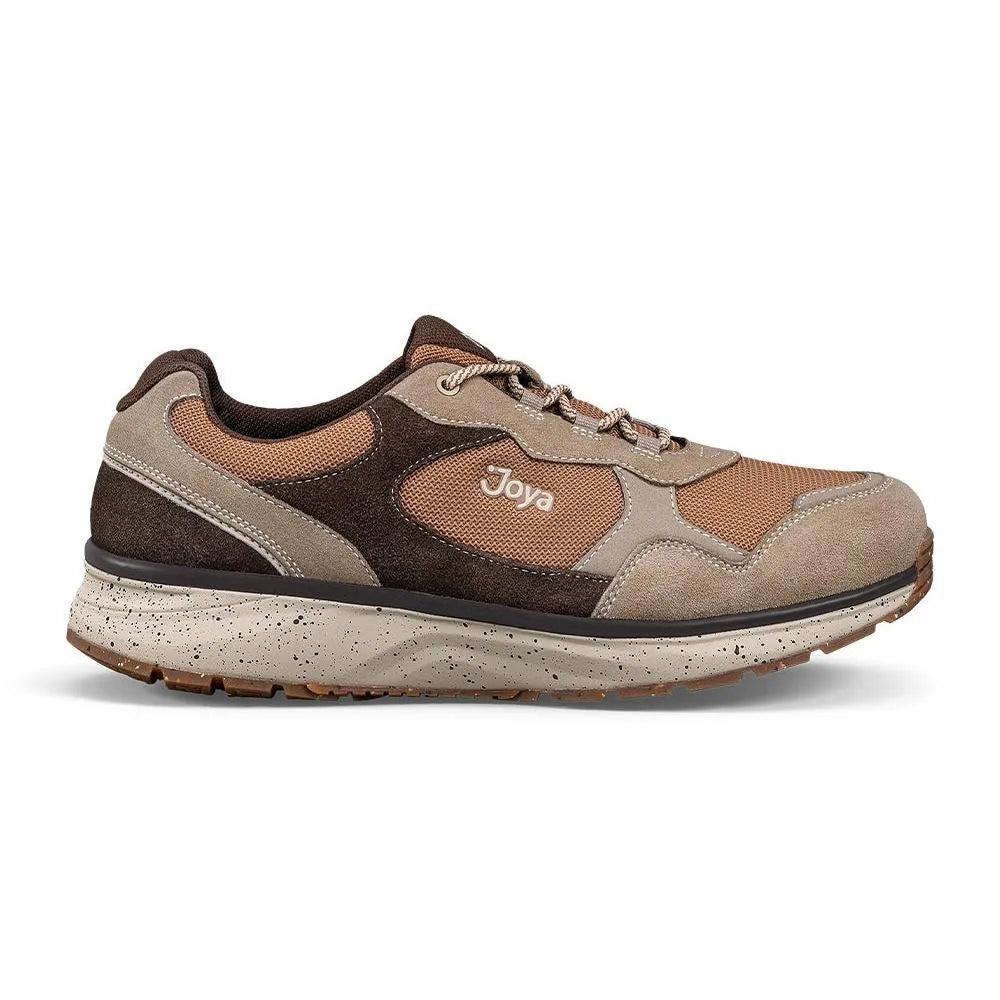Joya Tony III men's wide brown leather and textile lace-up trainers with arch support, cushioned sole, and speckled midsole.