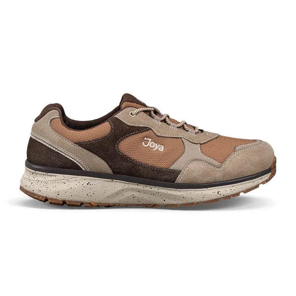 Joya Tony III men's wide brown leather and textile lace-up trainers with arch support, cushioned sole, and speckled midsole.