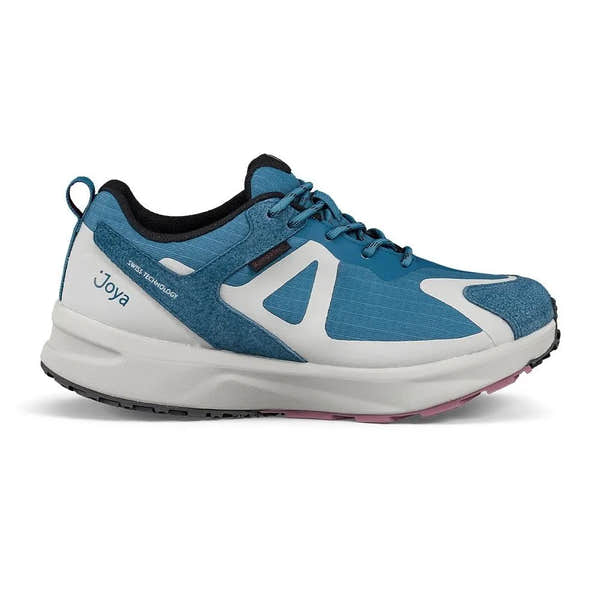 Blue and white waterproof women's trainers with leather and textile materials, lace-up style, arch support, and rubber sole.