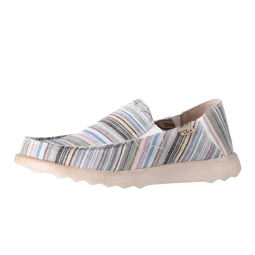 Kickback Couch 2.0 men's slip-on loafers with wide beige striped canvas, arch support, and cushioned sole.