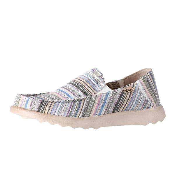 Kickback Couch 2.0 men's slip-on loafers with wide beige striped canvas, arch support, and cushioned sole.