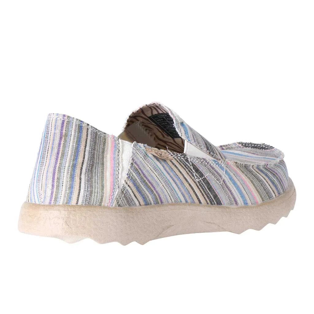 Kickback Couch 2.0 men's slip-on loafers with beige striped canvas textile and arch support sole.