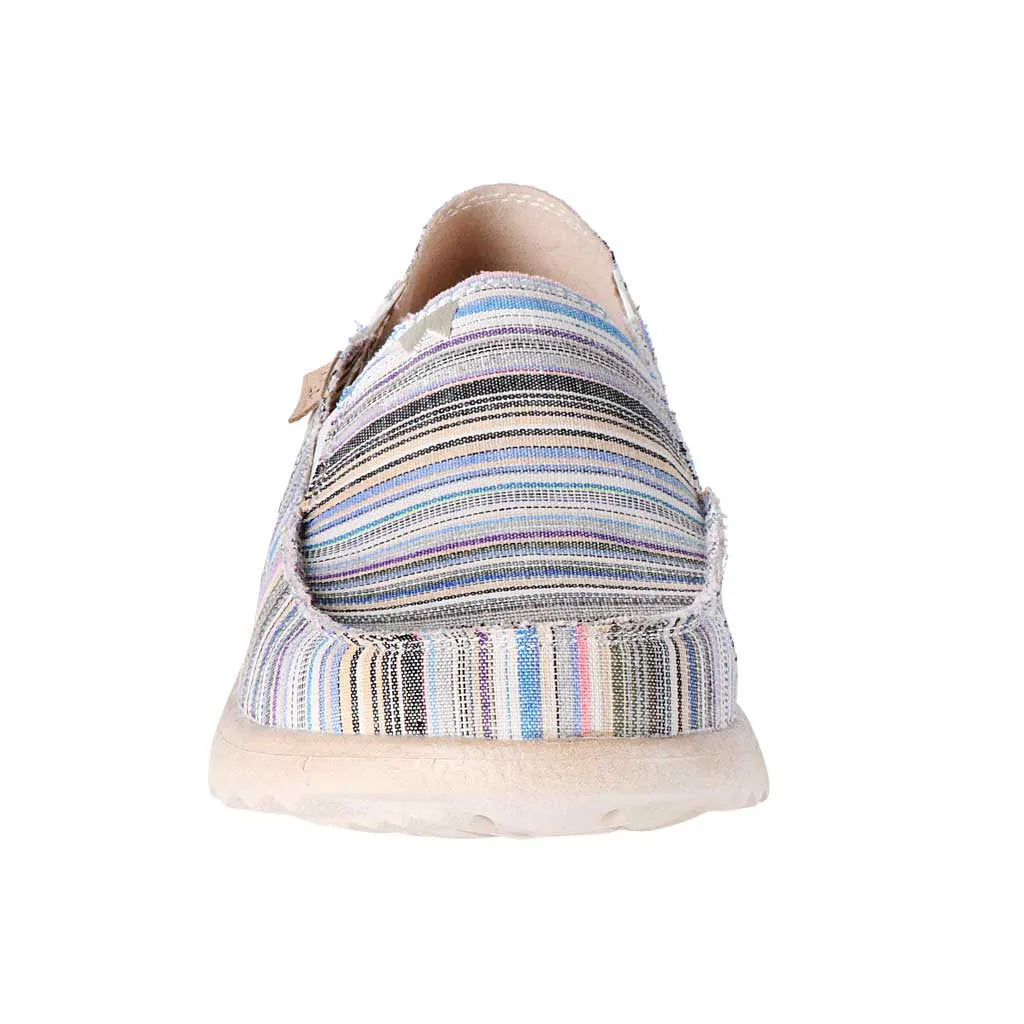 Kickback Couch 2.0 men's slip-on loafers with wide beige stripe canvas, arch support, casual design.