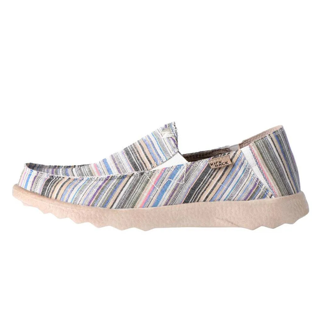 Kickback Couch 2.0 men's slip-on loafers with wide beige striped canvas, arch support, and cushioned beige sole.