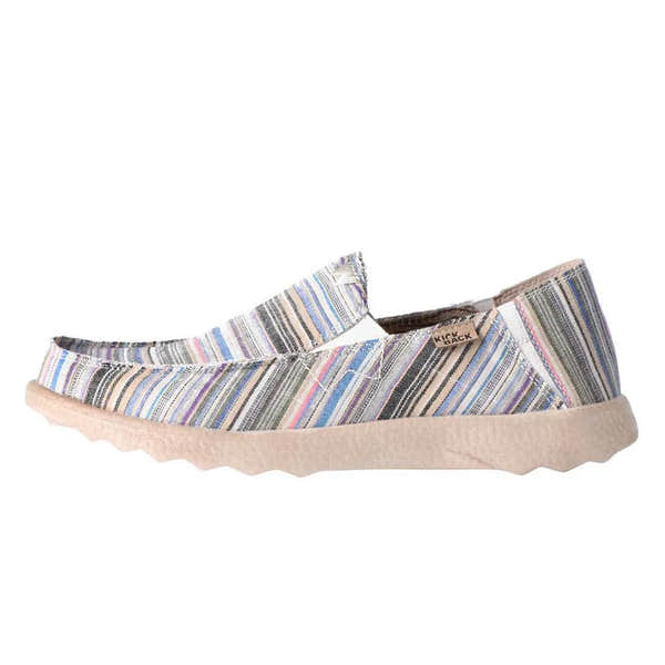 Kickback Couch 2.0 men's slip-on loafers with wide beige striped canvas, arch support, and cushioned beige sole.
