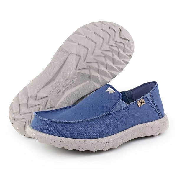 Kickback Couch 2.0 men's wide marine blue canvas slip-on loafers with arch support and cushioned white speckled sole.