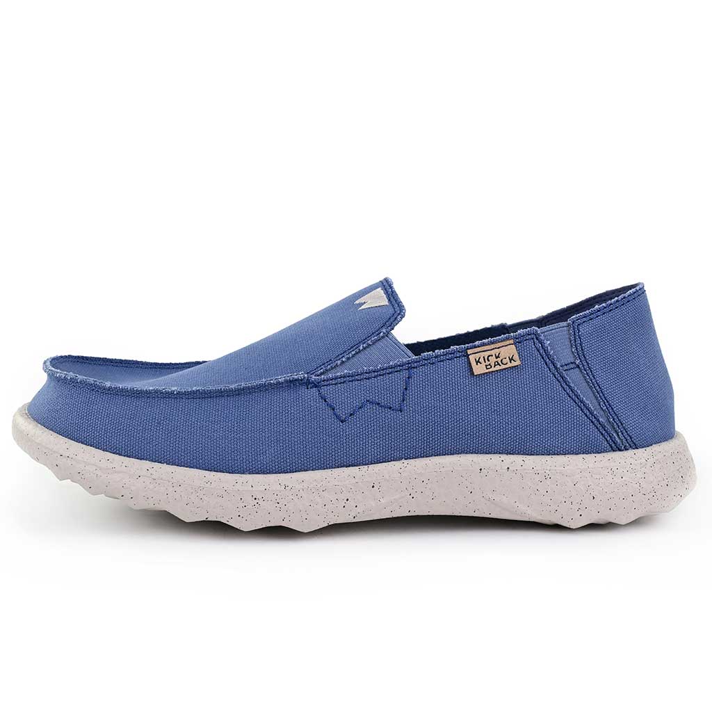 Kickback Couch 2.0 men's slip-on loafers in marine blue canvas with arch support and speckled white sole.